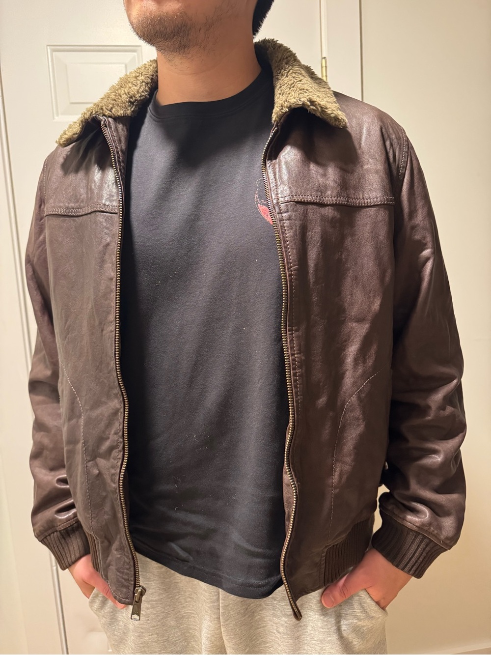 Lucky Brand Brown Leather Bomber Jacket with Sherpa Collar